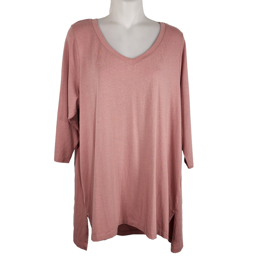 Tahari Womens Tunic Top V Neck 3/4 Sleeve High Low Hem 1X Pink Pima Cotton NWT